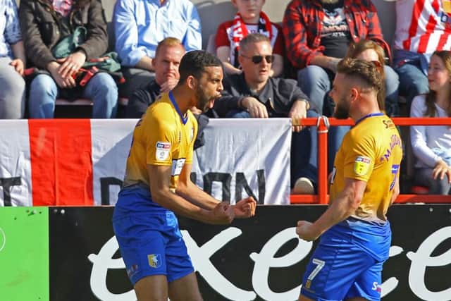 Picture by Gareth Williams/AHPIX.com; Football; Sky Bet League Two; Exeter City v Mansfield Town; 30/3/2019 KO 15.00; St James Park; copyright picture; Howard Roe/AHPIX.com; CJ Hamilton celebrates his second at Exeter, making it 2-1