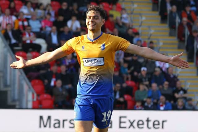 Picture by Gareth Williams/AHPIX.com; Football; Sky Bet League Two; Exeter City v Mansfield Town; 30/3/2019  KO 15.00; St James Park; copyright picture; Howard Roe/AHPIX.com; yler Walker celebrates his second after making it 4-1 to Mansfield from the penalty spot