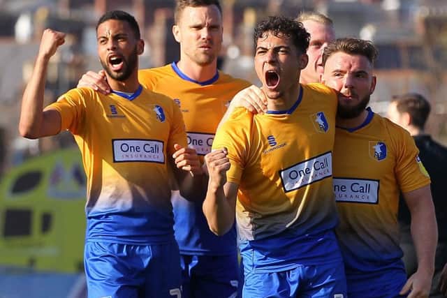 Picture by Gareth Williams/AHPIX.com; Football; Sky Bet League Two; Exeter City v Mansfield Town; 30/3/2019 KO 15.00; St James Park; copyright picture; Howard Roe/AHPIX.com; Mansfield's Tyler Walker celebrates after making it 3-1 against Mansfield