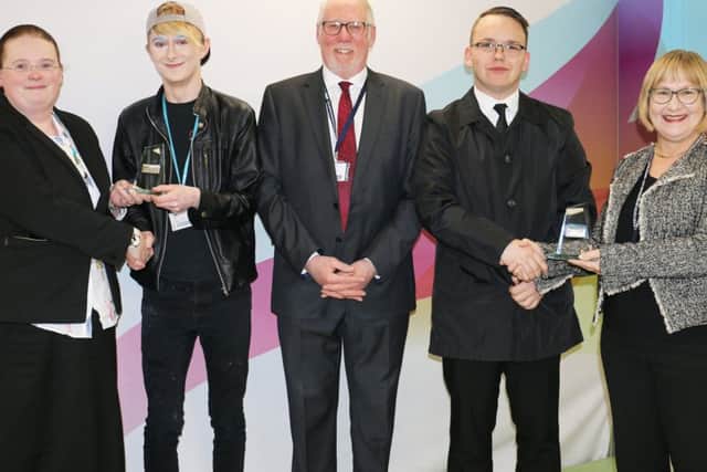 Judges and winners from West Nottinghamshire College's Student FIRST competition, from left: Jane Hawksford (governor), Same Fearn, Sean Lyons (chairman of governors), Michel Jasozewski, Rebecca Joyce (governor).