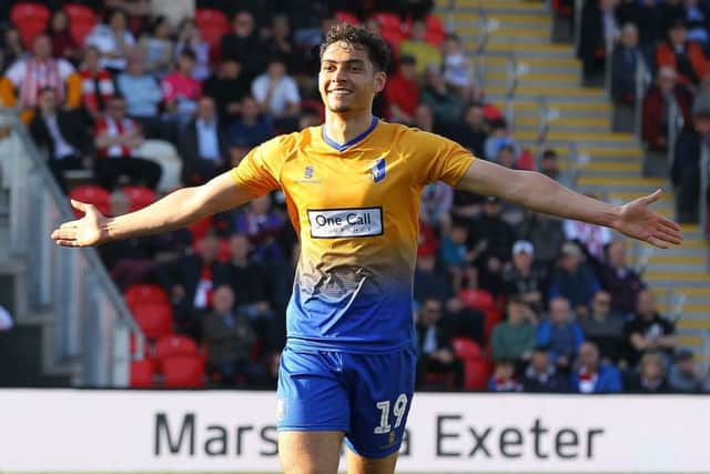 Picture by Gareth Williams/AHPIX.com; Football; Sky Bet League Two; Exeter City v Mansfield Town; 30/3/2019  KO 15.00; St James Park; copyright picture; Howard Roe/AHPIX.com; yler Walker celebrates his second after making it 4-1 to Mansfield from the penalty spot