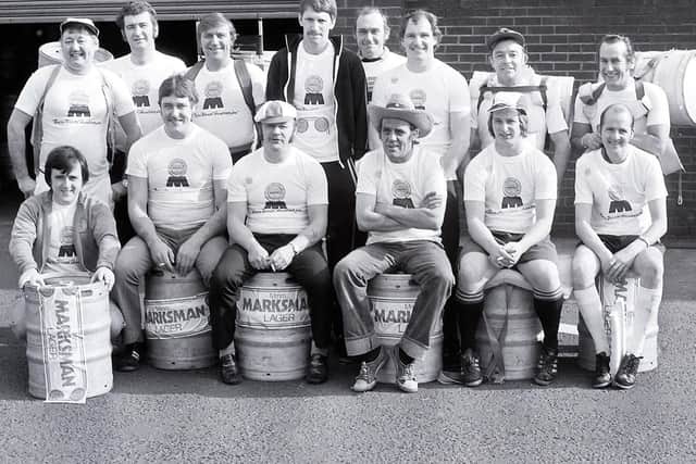 This group of brewery staff are pictured preparing to set off on a sponsored walk in 1982. Let's hope they kept themselves hydrated with water along the way and not bitter!