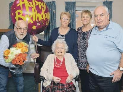 Nancy Martin celebrated the landmark occasion with a champagne party with family,
friends and staff at the Nightingale Nursing Home in Sutton