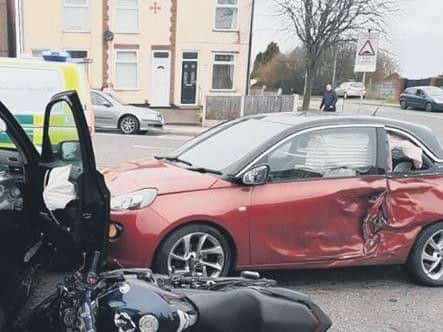 Thereckless rider of a stolen motor bike crashed into the side of car just inches away from a 16-month-old boy sat in the back seat.