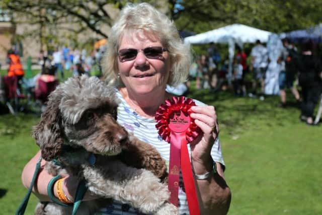 Susan Gregory holds Ripple and the rosette Ripple won for winning the waggiest tail competition at last year's festival