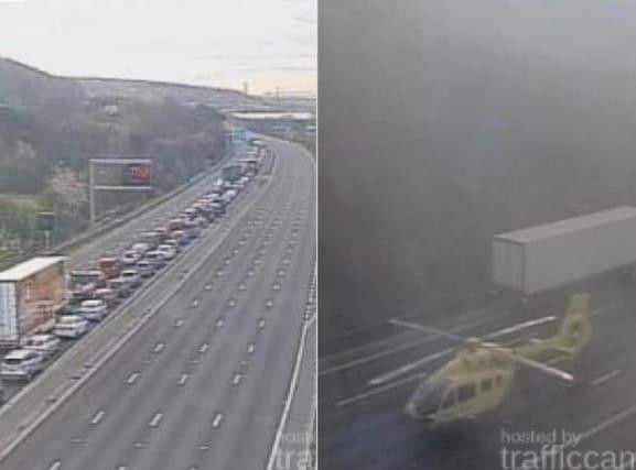 Traffic, left, and the air ambulance on the M1.