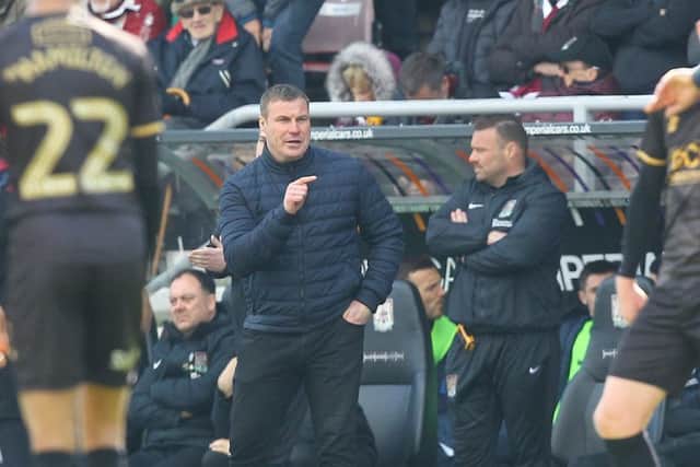 Picture by Gareth Williams/AHPIX.com; Football; Sky Bet League Two; Northampton Town v Mansfield Town; 13/4/2019 KO 15.00; PTS Academy Stadium; copyright picture; Howard Roe/AHPIX.com; Mansfield boss David Flitcroft organises his side at Northampton