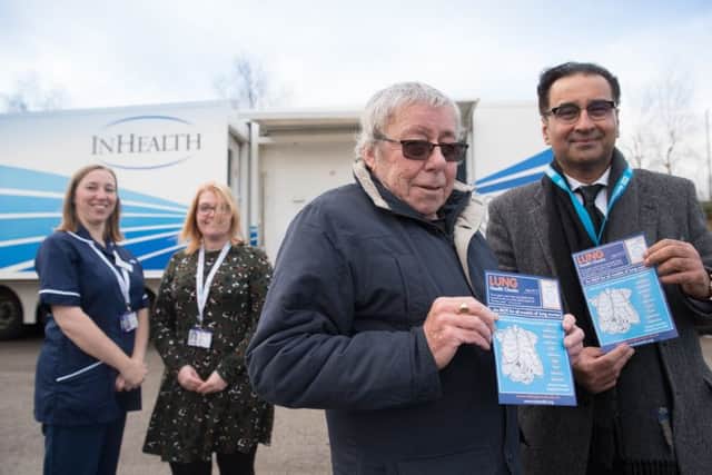 Pictured left to right at the mobile lung scanner in Strelley: 'Members of the Citycare respiratory team, Joanne Adkin and Emma Waring 'Bill Simpson (from Bulwell) who was diagnosed with early stage lung cancer in October 2017 and has been successfully treated.'Dr Safiy Karim, CCG Cancer Lead for Nottingham City