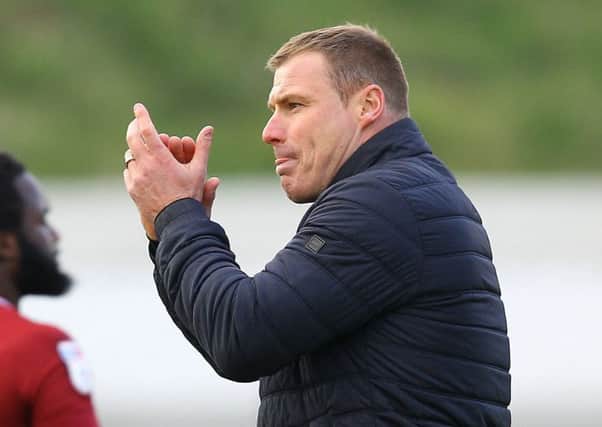 Picture by Gareth Williams/AHPIX.com; Football; Sky Bet League Two; Northampton Town v Mansfield Town; 13/4/2019  KO 15.00; PTS Academy Stadium; copyright picture; Howard Roe/AHPIX.com; David Flitcroft thanks the travelling Mansfield fans for their support after the draw at Northampton