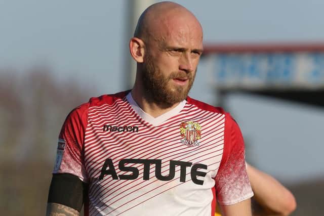 STEVENAGE, ENGLAND - FEBRUARY 23: Scott Cuthbert of Stevenage in action during the Sky Bet League Two match between Stevenage and Northampton Town at The Lamex Stadium on February 23, 2019 in Stevenage, United Kingdom. (Photo by Pete Norton/Getty Images)
