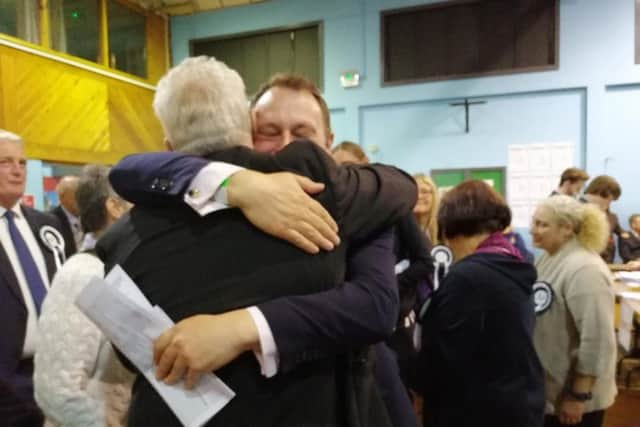 Councillors Jason Zadrozny and Tony Brewer celebrate as they discover the Ashfield Independents have secured a majority.