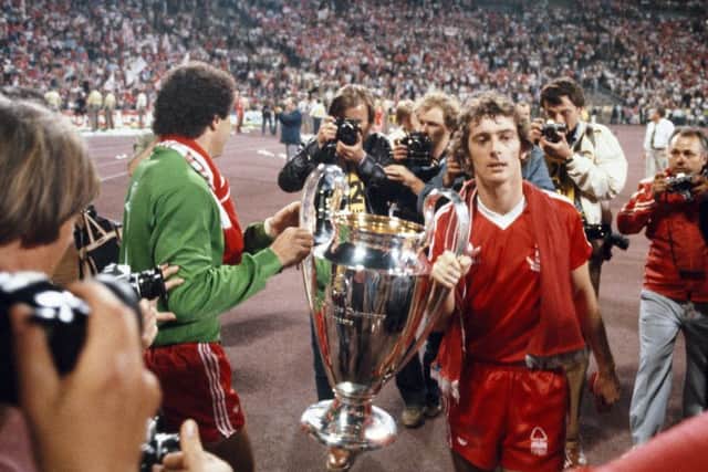 MUNICH, GERMANY - MAY 30:  Winning goalscorer Trevor Francis (r) and goalkeeper Peter Shilton parade the trophy after the 1979 European Cup Final between Nottingham Forest and Malmo at the Olympic Stadium on May 30, 1979 in Munich, Germany.  (Photo by Steve Powell/Allsport/Getty Images)