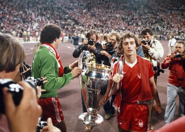 MUNICH, GERMANY - MAY 30:  Winning goalscorer Trevor Francis (r) and goalkeeper Peter Shilton parade the trophy after the 1979 European Cup Final between Nottingham Forest and Malmo at the Olympic Stadium on May 30, 1979 in Munich, Germany.  (Photo by Steve Powell/Allsport/Getty Images)