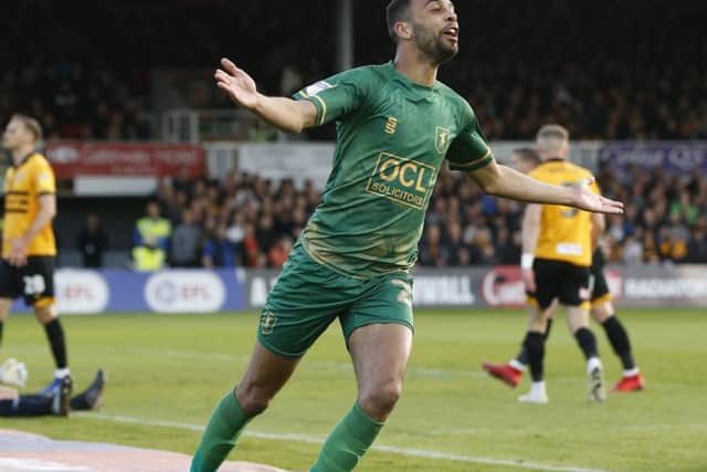 Picture by Gareth Williams/AHPIX.com; Football; Sky Bet League Two Play-Off Semi-Final; Newport County v Mansfield Town; 9/5/2019; KO 19.45; Rodney Parade; copyright picture; Howard Roe/AHPIX.com; Mansfield's CJ Hamilton celebrates the opener at Newport