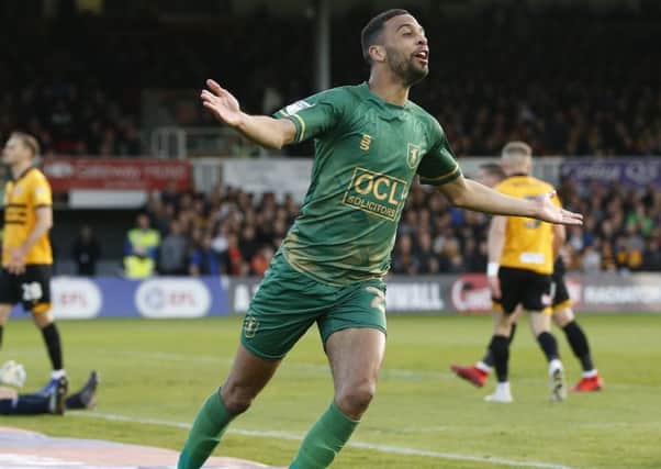 Picture by Gareth Williams/AHPIX.com; Football; Sky Bet League Two Play-Off Semi-Final; Newport County v Mansfield Town; 9/5/2019; KO 19.45; Rodney Parade; copyright picture; Howard Roe/AHPIX.com; Mansfield's CJ Hamilton celebrates the opener at Newport
