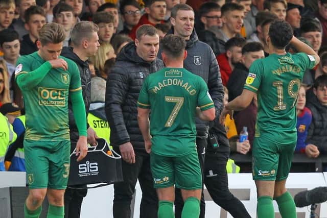 Picture by Gareth Williams/AHPIX.com; Football; Sky Bet League Two Play-Off Semi-Final; Newport County v Mansfield Town; 9/5/2019; KO 19.45; Rodney Parade; copyright picture; Howard Roe/AHPIX.com; Mansfield boss David Flitcroft talks tactics during a break in play