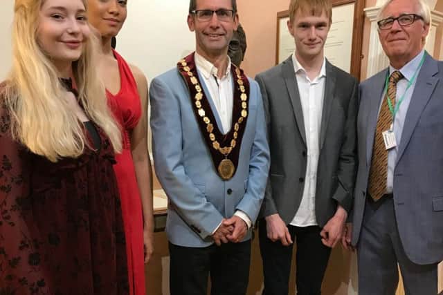 Pictured from left to right Imogen Clemmow (17) junior vocal, Lydia Messam (18) senior vocal, newly elected Mayor of Mansfield, Andy Abrahams, Jonathon Clarke (19) piano, Paul Bacon Festival Chairman.