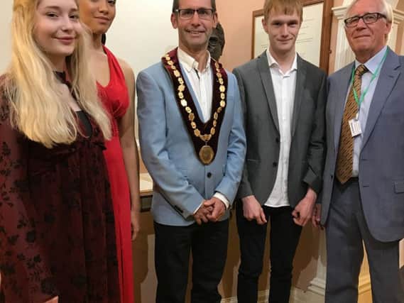 Pictured from left to right Imogen Clemmow (17) junior vocal, Lydia Messam (18) senior vocal, newly elected Mayor of Mansfield, Andy Abrahams, Jonathon Clarke (19) piano, Paul Bacon Festival Chairman.