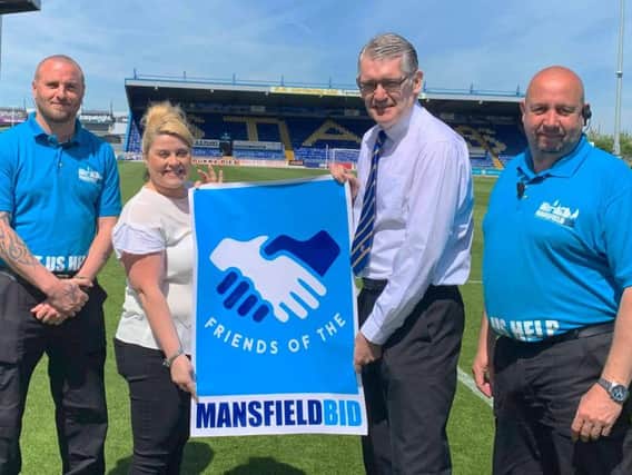 BID chief executive Nikki Rolls and Stags' Commercial Manager Paul Nyland, with BID support officers Tom Wilson (left), and Dave Dowson.
