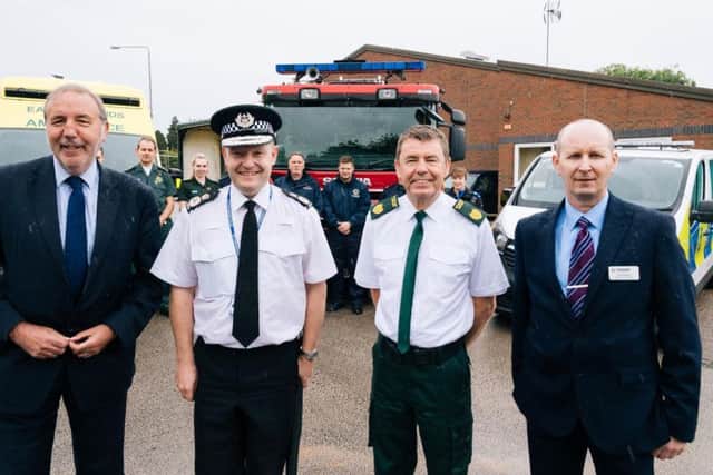 Nottinghamshire Police and Crime Commissioner Paddy Tipping, Chief Constable Craig Guildford, Greg Cox, General Manager for Nottinghamshire at East Midlands Ambulance Service and Ian Pritchard, Assistance Chief Officer at Nottinghamshire Fire and Rescue Service at the site where the new tri service hub will be built.