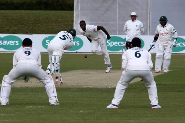 Notts batsman Steven Mullaney drives Hampshire's Keith Barker during a dry spell on day one.