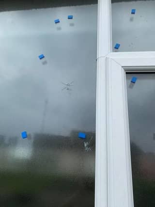 The damage to the windows.