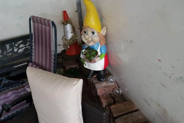 The garden items, including a gnome.