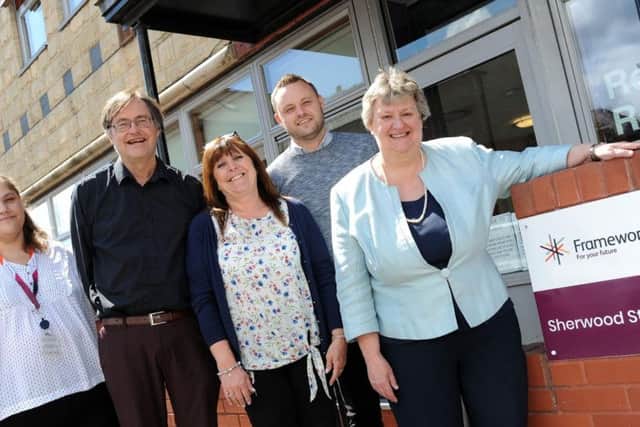 Heather Wheeler MP, Minister of State for Housing and Homelessness, right, pictured with staff from Framework and Mansfield MP Ben Bradley, second right.  From left, are, Collette Acton team leader with the Nottinghamshire County Street Outreach team, Framework's chief executive Andrew Redfern and service manager at Framework's Sherwood Street homes, Michelle Hanson.