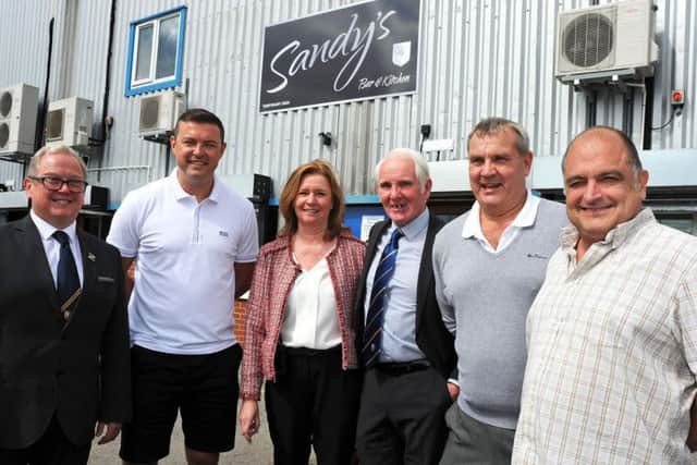 Pictured at the VIP grand opening of the newly-refurbished Sandy Pate Sports Bar, now named Sandy's Bar and Kitchen are from left, stadium director Paul Broughton, Stags manager John Dempster, Tina Broughton the operations director, Stags legend Sandy Pate, director Steve Middleton and Academy director Mark Hawkins.