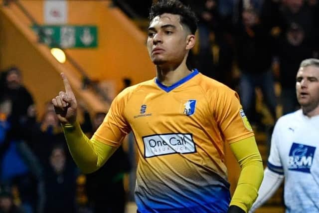 Mansfield Town's Tyler Walker celebrates scoring the Stags second goal: Picture by Steve Flynn/AHPIX.com, Football: Skybet League Two  match Mansfield Town -V- Tranmere Rovers at One Call Stadium, Mansfield, Nottinghamshire, England on copyright picture Howard Roe 07973 739229