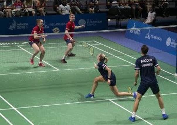 Action from the mixed doubles badminton final in Minsk involving Chris and Gabby Adcock.