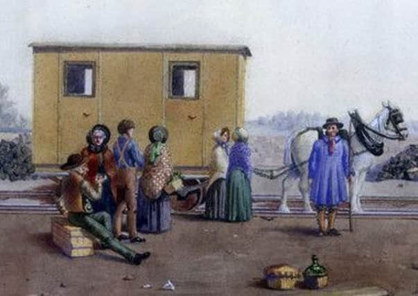 A painting of one of the first horse-drawn coaches to be used on the railway.