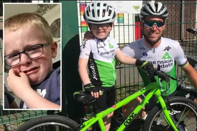 Evan, 5, and Mark Cavendish. Inset: Evan was gutted Mr Cavendish was left out of this year's Tour de France.