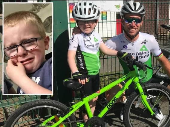 Evan, 5, and Mark Cavendish. Inset: Evan was gutted Mr Cavendish was left out of this year's Tour de France.