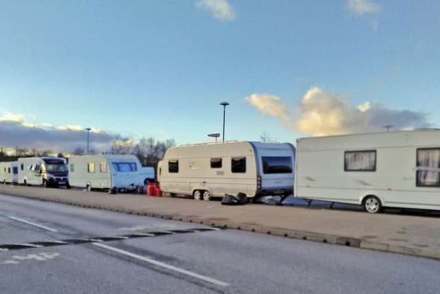 Travellers pitched up in Oak Tree Leisure Centre car park in December 2018.