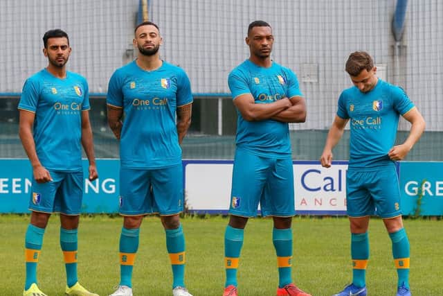 Stags players show off the new third kit. (PHOTO BY: Chris Holloway/Bigger Picture).