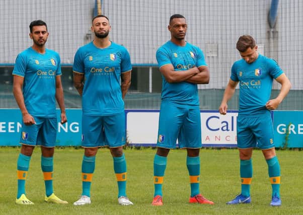 Stags players show off the new third kit. (PHOTO BY: Chris Holloway/Bigger Picture).