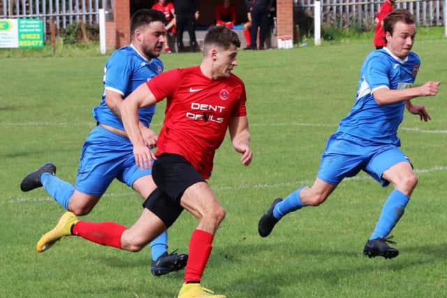 Action from Ollerton Town's 1-1 draw at home to Worsbrough Bridge Athletic. (PHOTO BY: Nigel Owen).