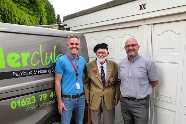 Left to right: Andrew Dumelow, owner of The Boiler Club Ltd; Donald Sutton, aged 101 years;  Alex Scott, Viessmann Area Business Manager.