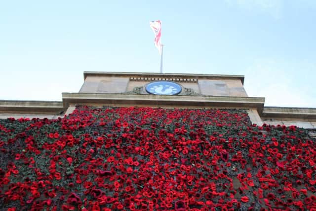The Old Town Hall in Market Place, Mansfield, was blanketed in poppies for Remembrance Day 2018.