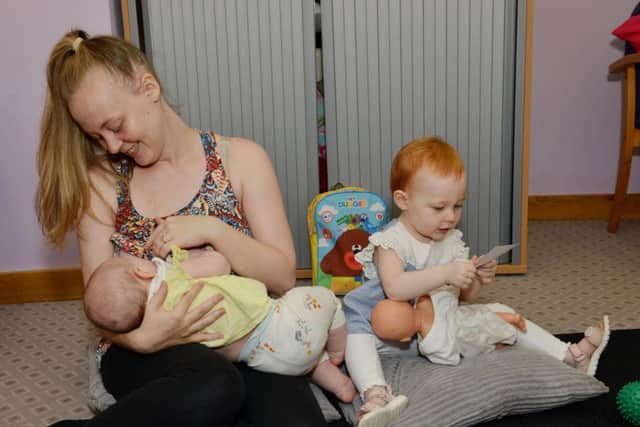 Pictured is Lyndsey Tutin with four month old Arwen and 18 month old Aiofe