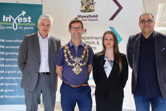 Glen Starbuck, Business Adviser for NBV Enterprise Solutions, Executive Mayor Andy Abrahams, Kathryn Hess, CEO of Platinum Bridge, and Fardad Amirsaeedi, Senior Regeneration Officer for MDC.