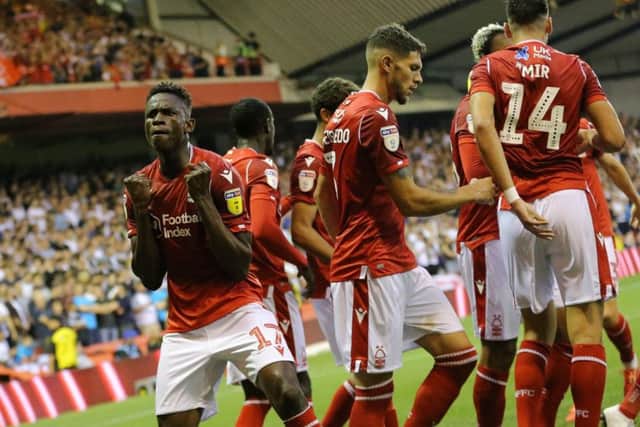 Nottingham Forest midfielder Alfa SEMEDO celebrates after Nottingham Forest midfielder Albert ADOMAH scores during the Carabao Cup game between Nottingham Forest and Derby County at The City Ground Nottingham 27-08-19 Image