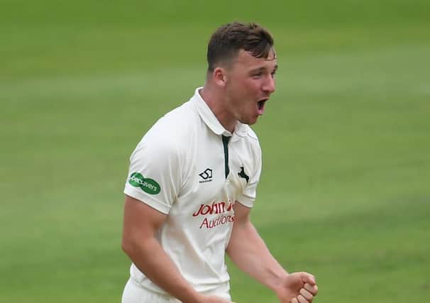 TAUNTON, ENGLAND - JULY 09:  Liam Patterson-White of Nottinghamshire celebrates the wicket of George Bartlett of Somerset during Day Three of the Specsavers County Championship Division One match between Somerset and Nottinghamshire  at The Cooper Associates County Ground on July 09, 2019 in Taunton, England. (Photo by Alex Davidson/Getty Images)