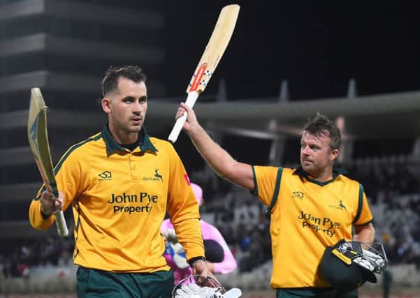 NOTTINGHAM, ENGLAND - SEPTEMBER 05: Alex Hales and Chris Nash of Notts Outlaws celebrate after they beat Middlesex during the Vitality T20 Blast match between Notts Outlaws and Middlesex at Trent Bridge on September 05, 2019 in Nottingham, England. (Photo by Nathan Stirk/Getty Images)