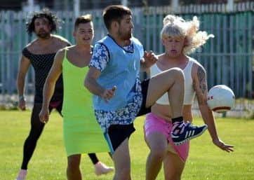 High jinks during the fancy-dress football match to raise money for Sam Oakton.