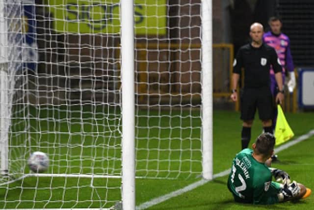 Mansfield Town v Crewe Alexandra, Mansfield's Bobby Olejnik is beaten in the penalty shoot out