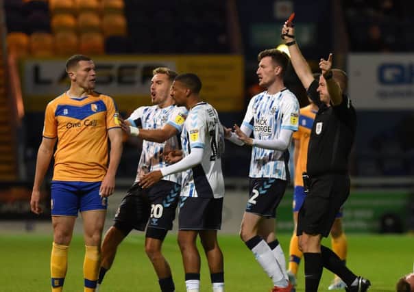 Picture: Andrew Roe/AHPIX LTD, Football, Sky Bet League Two, Mansfield Town v Cambridge United, One Call Stadium, Mansfield UK, 17/09/19, K.O 7.45pm

Mansfield's Matt Preston is sent off by referee Darren Handley
Howard Roe>>>>>>>07973739229