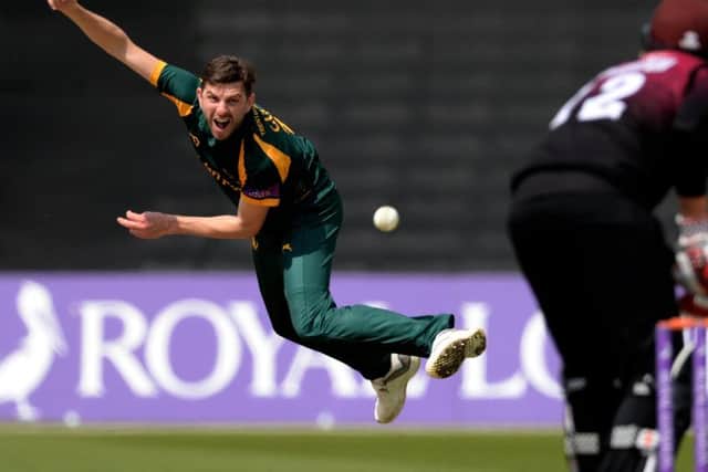 NOTTINGHAM, ENGLAND - MAY 12 : Harry Gurney of Nottinghamshire bowls to Craig Overton of Somerset during the Royal London one-day semi-final between Nottinghamshire and Somerset at Trent Bridge on May 12, 2019 in Nottingham, England. (Photo by Philip Brown)