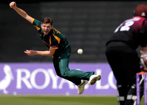 NOTTINGHAM, ENGLAND - MAY 12 : Harry Gurney of Nottinghamshire bowls to Craig Overton of Somerset during the Royal London one-day semi-final between Nottinghamshire and Somerset at Trent Bridge on May 12, 2019 in Nottingham, England. (Photo by Philip Brown)